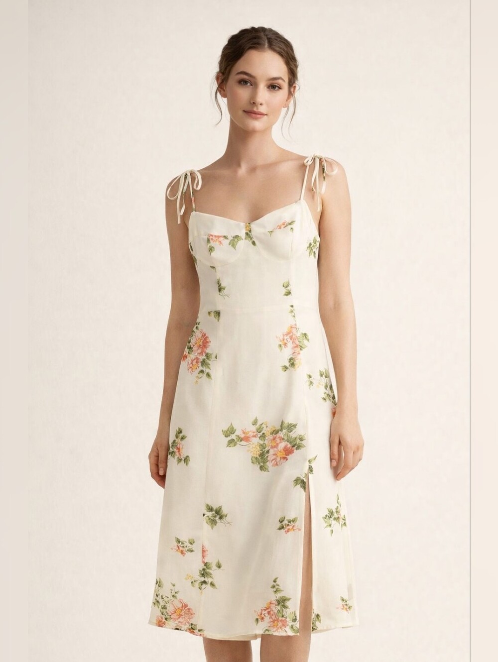 Cream Floral Tie-Shoulder Midi Dress